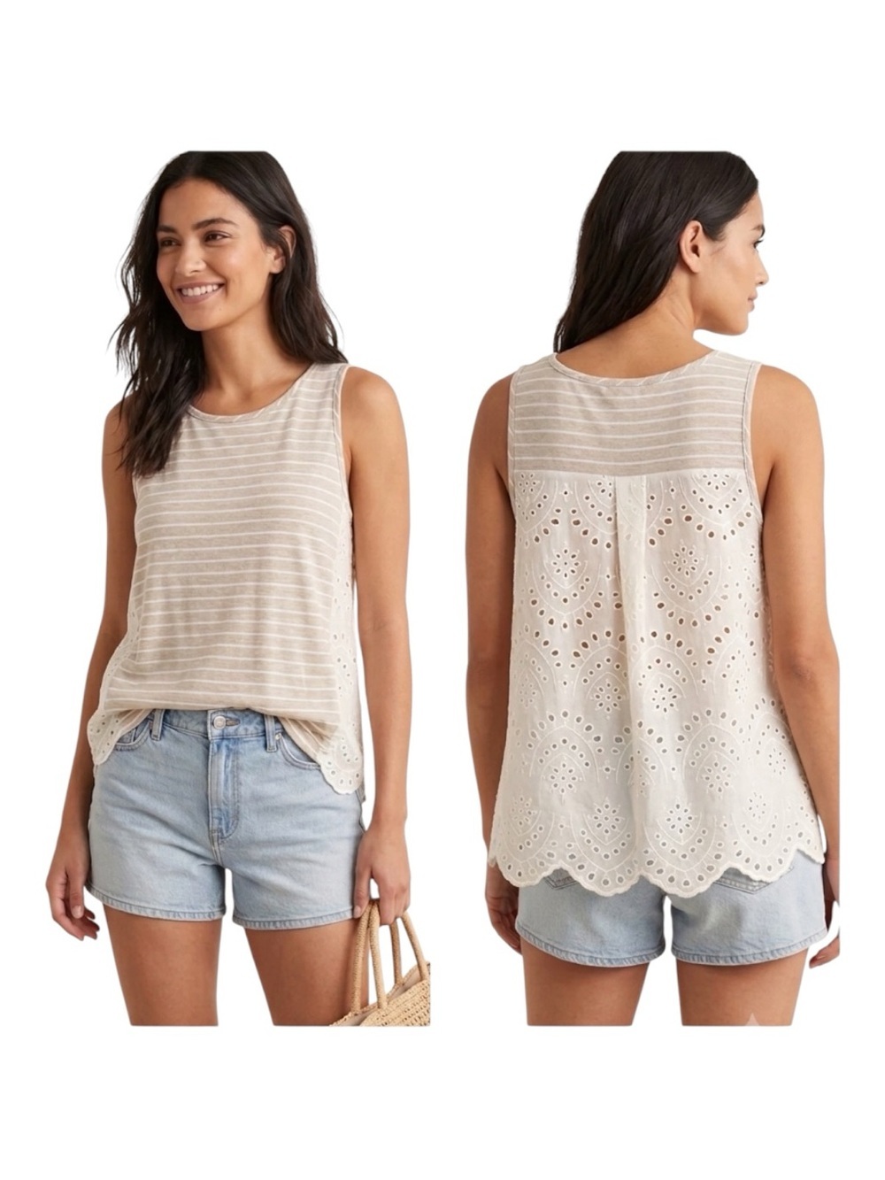 Hem & Thread Boho Eyelet Lace Striped Eyelet Tank Top Size Small NWT